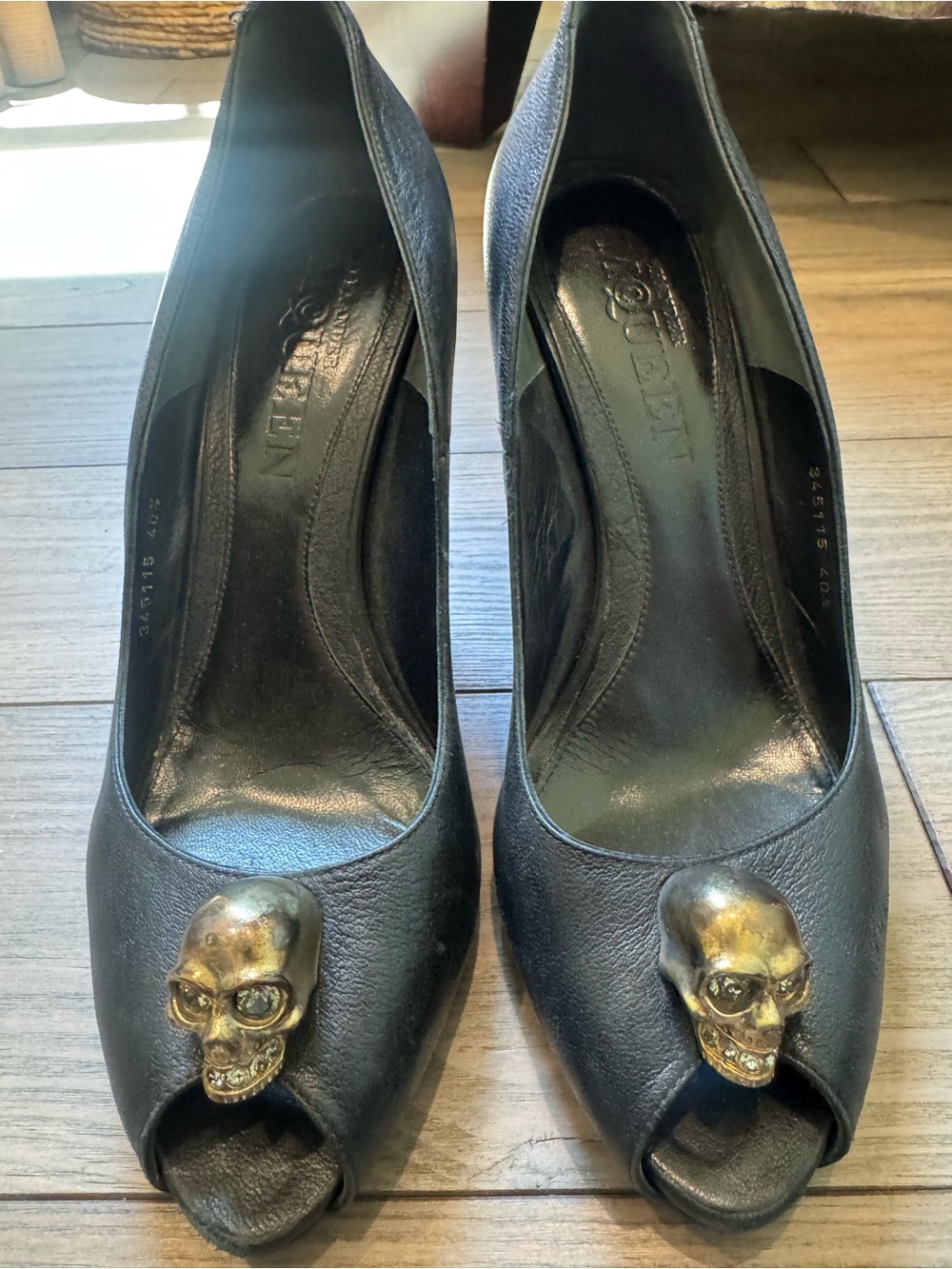 Alexander McQueen Black Peep-Toe Pumps with Gold Skull Accent - Women